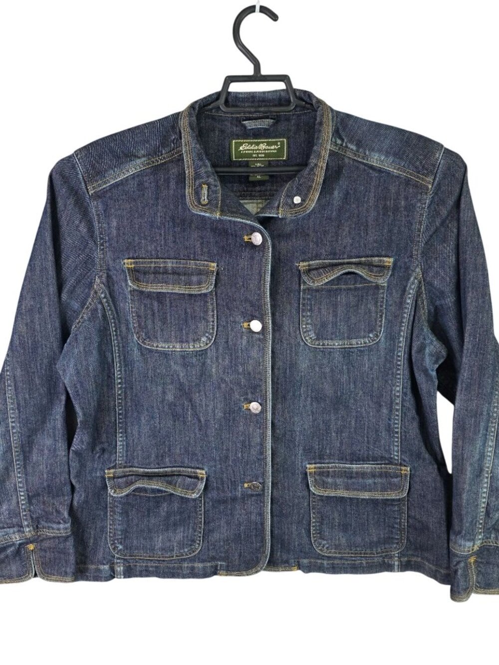 Womens Eddie Bauer Blue Denim Jacket Classic Fit Button Front Cotton Stretch XL
